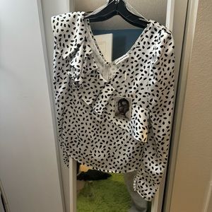 Self Portrait ivory and black dot printed frill top